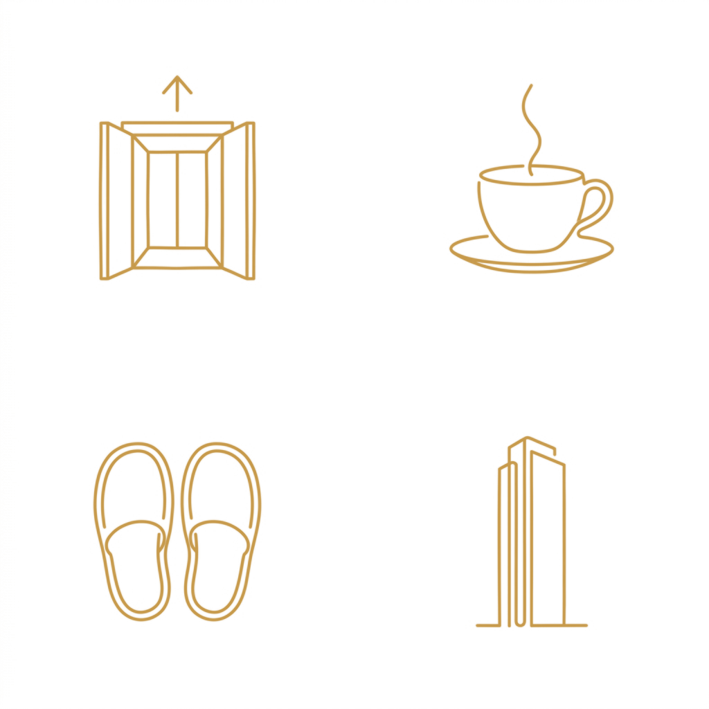 Four line illustrations — an elevator, a cup of coffee, a pair of slippers, and a residential tower — for how close the salon is when you live upstairs.